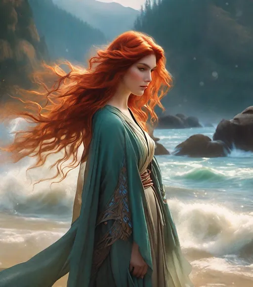 Prompt: Full-body attractive Crimson-haired ninja goddess with a serene expression, youthful yet mature, flowing waves of hair framing her face in an ethereal glow. Background obscured by misty atmosphere, conveying tranquility and poise. Style reminiscent of Pre-Raphaelite art mixed with Art Nouveau elements, highly detailed and intricate, ultra-realistic rendering using Octane Render and Unreal Engine. Inspiration drawn from the works of John William Waterhouse and Alphonse Mucha