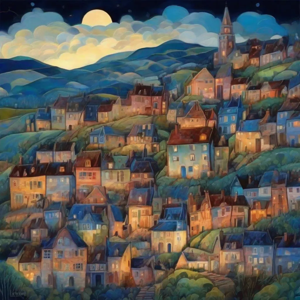 Prompt: Beautiful whimsical Landscape village, houses in a Hill, at night, beautiful sky, In style of Fern Isabel Coppedge, Elia Locardi, Akos Major, Raoul Dufy, George Birrell, Amanda Clark, Iris Scott, Mikalojus Konstantinas Ciurlionis. 
elegant intricate beautiful award winning fantastic view ultra detailed