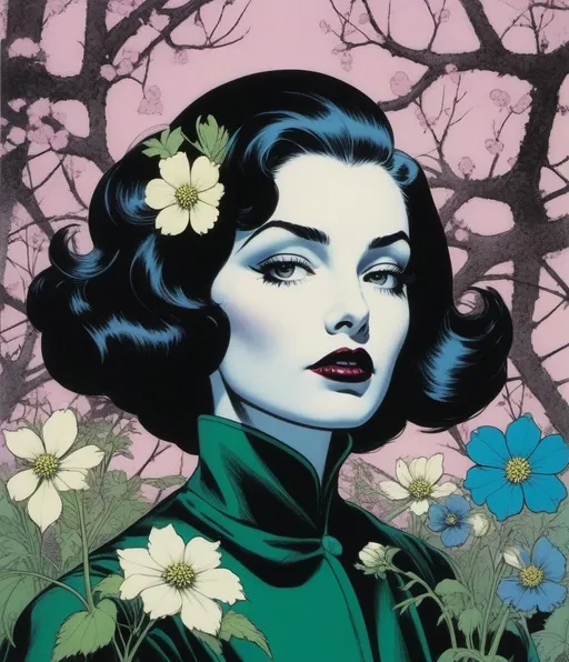 Prompt: She uses beauty as a defense in a decaying world, see the primitive wallflower, don't be cruel, it's poisoning your heart, Vince Colletta, Alan Davis, Lucienne Day, Afarin Sajedi.
