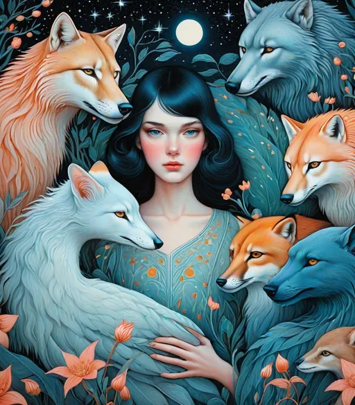 Prompt: She is a night girl with night animals style of Martine Johanna, Frieke Janssens, Aaron Jasinski, Genevieve Godbout, Morris Hirshfield, Robert Gillmor, Amy Giacomelli. Soft pearlercent colors, Extremely detailed, intricate, beautiful, 3d, high definition