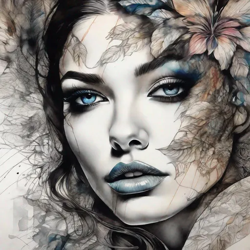 Prompt: Female beauty Art by Gabriel Moreno, through graphic and elegant image, lines that show beauty and hide fragility, fear, ephemeron, sensuality, and tattoo lines, coursing through the skin of the figure and revealing what its beauty hides. Highly detailed, intricate, beautiful, high definition, fantastic view. 3d, Watercolors and Ink, intricate details, volumetric lighting