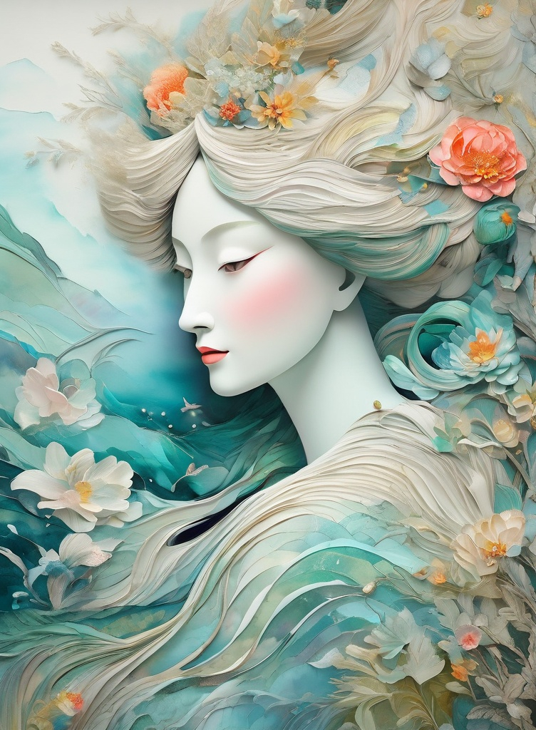 Prompt: multi exposure, goddess of love with pearl masterpiece coniferous, 3/4 portrait, fashion editorial art by Lin Fengmian, Anna dittmann, Justin Gaffrey, John Lowrie Morrison, Patty Maher, John Ruskin, Chris Friel, van Gogh, Valerie Hegarty, endre penovac. 3d, soft colors watercolors and ink, beautiful, fantastic view, extremely detailed, intricate, best quality, highest definition, rich colours 3d, extremely detailed, intricate, beautiful, high definition 