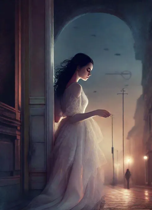 Prompt: The pretty dreamy heartbroken woman with beautiful face, art by Reylia Slaby, Rimel Neffati, Cristobal Balenciaga, Monia Merlo, Nelleke Pieters, Elger Esser. Night Foggy Empty street background, rim lighting reflection, 3d, watercolors and ink, beautiful, fantastic view, extremely detailed, intricate, best quality, highest definition