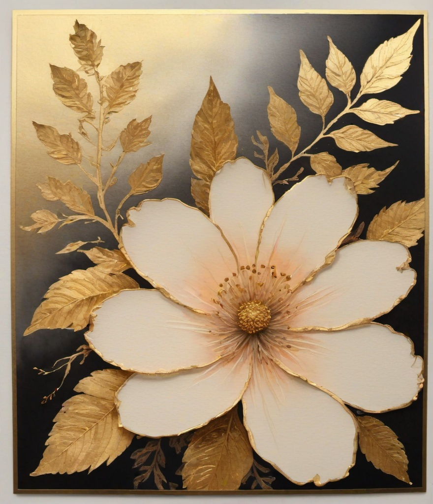 Prompt: a floral water color, ink, gold leaf, soft, laser etched 