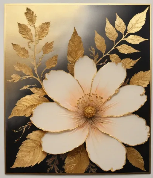 Prompt: a floral water color, ink, gold leaf, soft, laser etched 