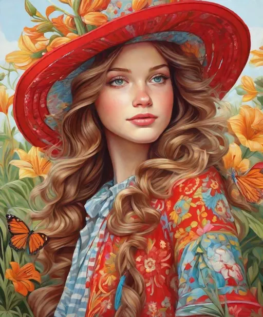 Prompt: Pretty girl in the style of jocelyn hobbie, Ferris Plock, red stripe big hat, sunny day, garden of lilies, fantastic coloring, it's a nice day for outdoor, birds, butterflies, a breeze is blowing hair, beautiful portrait of a beautiful girl, extremely detailed, high definition, 