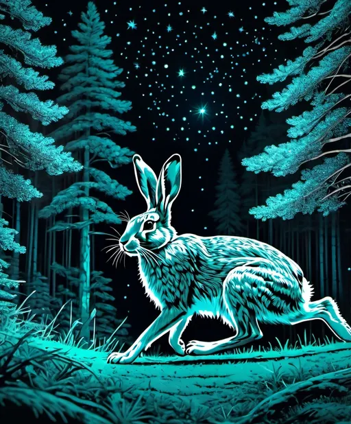 Prompt: photonegative refractograph of a hare walking pass, closeup, realistic huge green pine forest, minimal figures, starry blue night 