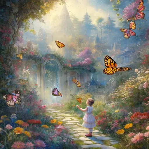 Prompt: A child catching butterflies in a whimsical garden in style of Yulia Brodskaya, Highly detailed, intricate, beautiful, high definition, fantastic view. 3d, Watercolors and Ink, intricate details, volumetric lighting