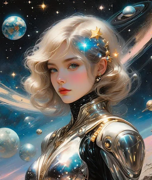 Prompt: Very beautiful Alien woman holding space debris and stars, Petra Collins, Sandra Chevrier, Whimsical style, 