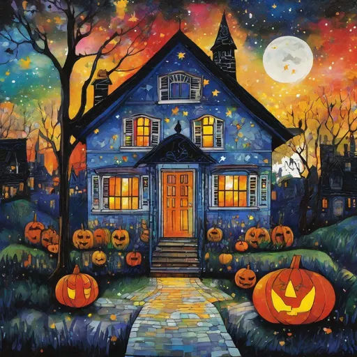 Prompt: trick-or-treaters by kids in bucolic whimsical house street under a starry sky art  by Charline von Heyl, kitarō kōsaka, maurice brazil prendergast, wales bonner, botter. Colorful, crossed colors, 3d, best quality, extremely detailed, intricate, beautiful, cute