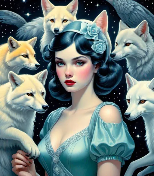 Prompt: She is a night girl with night animals style of Andrew Loomis, Martine Johanna, Frieke Janssens, Aaron Jasinski, Genevieve Godbout, Morris Hirshfield, Robert Gillmor, Amy Giacomelli. Soft pearlercent colors, Extremely detailed, intricate, beautiful, 3d, high definition