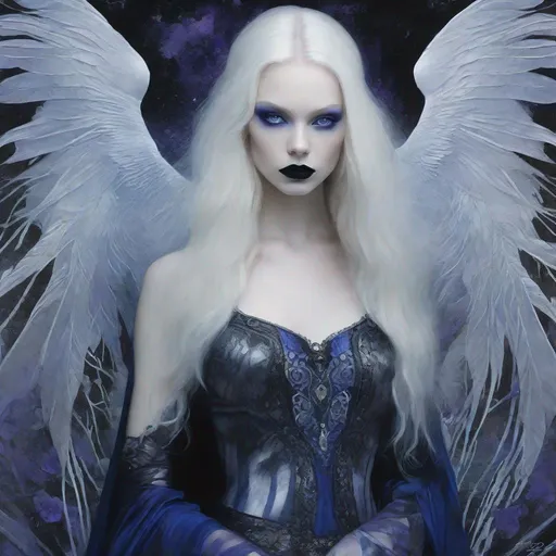 Prompt: A very beautiful albino girl witch, Violet eyes, heavy metallic blue eyeliner, black lipstick,  long hair, black and silver ethereal clothes art by  William Oxer, Nickolas Muray, Aliza Razell, Charles Robinson, esao Andrews. Ethereal background, Mixed media, 3d, extremely detailed, intricate, high definition, crisp quality 