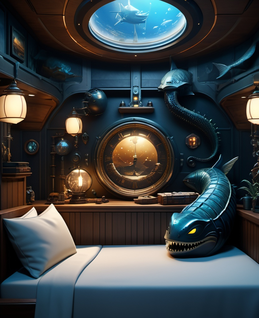 Prompt: Captain Nemo living out his final years, Captain Nemo cozy and warm in his bed, restort world for galactic travelers, a family in a cozy hardened submersed home that is capable of flight, safari oasis in a carboniferous forest, photorealism, extremely long shot from a distance, extremely heavy atmospherics and moody lighting, parallax, rim lighting, 3 point lighting, volumetric fx, subsurface scattering, raytracing, specularity and depth, imax quality visuals, ilm, weta digital, multi-sample antialiasing, 32k uhd 