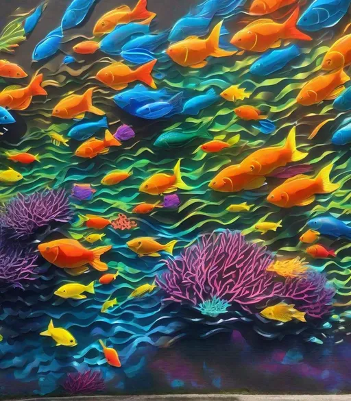 Prompt: A 3D graffiti mural on the side of a skyscraper of a coral reef, with colorful fish swimming out from the wall, Sunlight filtering through water creating a shimmering effect on the wall. Photograph in the style of vibrant colors, realistic fish details, light refraction effect, depth illusion, aquatic textures, dynamic composition4k quality 