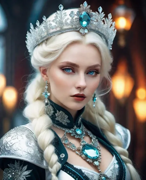Prompt: A stunningly gorgeous bifrost Nordic platinum blond ice queen Russian steampunk queen, richly decorated bejewelled clothes in rich warm tones, dynamic pose, in the style of flora borsi, ilya kuvshinov, cold and detached atmosphere 