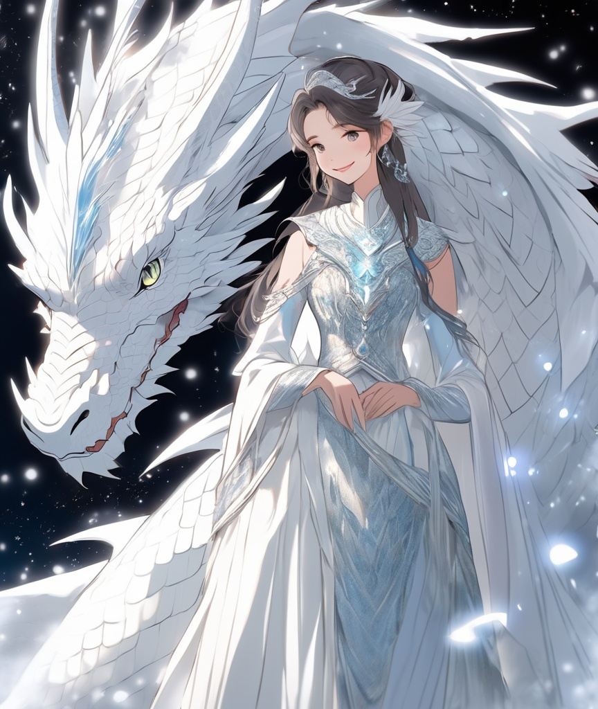 Prompt:  full body shot, white dragon's body wrapped around the woman, a friendly, smiling scene, A white dragon with gentle, lovely eyes and a young woman in her early twenties, she has sparkling smile