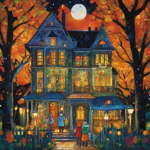 Prompt: trick-or-treaters by kids in bucolic whimsical house street under a starry sky art  by Charline von Heyl, kitarō kōsaka, maurice brazil prendergast, wales bonner, botter. Colorful, crossed colors, 3d, best quality, extremely detailed, intricate, beautiful, cute