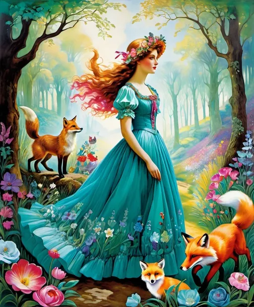 Prompt: style by John La Farge, John Anster Fitzgerald, Kathy Fornal, Kaffe Fassett, Frederick Catherwood; Fanciful fearless girl Freya, festooned in florentine, fair aqua and fuchsia, she frolics with a friendly fox in a forest of fauvist flowers, 