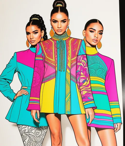 Prompt: brightly colored laser etched Latinx fashion design sketch pareidolia photograph 