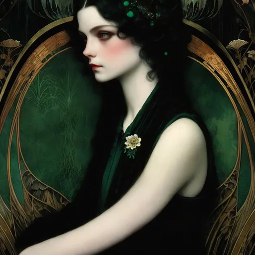 Prompt: Mead Schaeffer and Agnes Cecile style, a lonely girl sitting on an eerie art nouveau decorated room, in an beautiful black velvet dress. She has piercing green eyes, beautiful black hair, night, 4k, high quality, thick black eyelashes, a complex stunning portrait of a girl with high detail