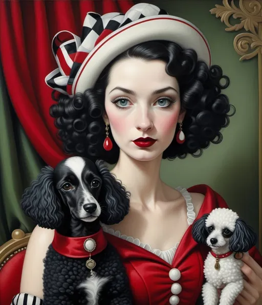 Prompt: Art by Fred Calleri, Tsumori Chisato, Mary Jane Ansell, Julie Arkell, carnivalesque captures a harlequin woman, she has an extravagant choppy hairstyle with black and white streaks of hair, beautiful eyes, full lips, elegant hands, wearing a puffy off shoulder madder red dress. Her royal poodle with thick black and white curly coat poodle dog is with her. The resemblance of a dog to its owner, complicity, exaggerated facial expressions. Black, dark greens, red, saffron yellow and white.