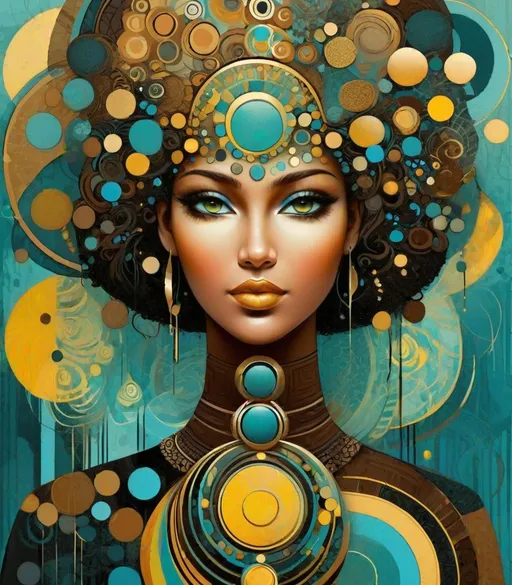 Prompt: color pattern circles shaped head vector, beautiful woman, in the style of fanciful visionary, illusionary composition, multicultural, sculpted multi-dimensional graffiti collage, blue brown bronze yellow muted green black 
