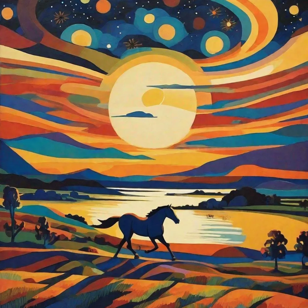 Prompt: horse running wild durin mid-century modern era, eclipse sun low on the horizon, starry night