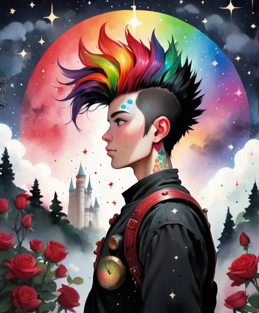 Prompt: in the style of sumi-e Outside a grand castle under a starry sky a cute adventurer with a rainbow mohawk gazes at a celestial time clock surrounded by red and black roses 