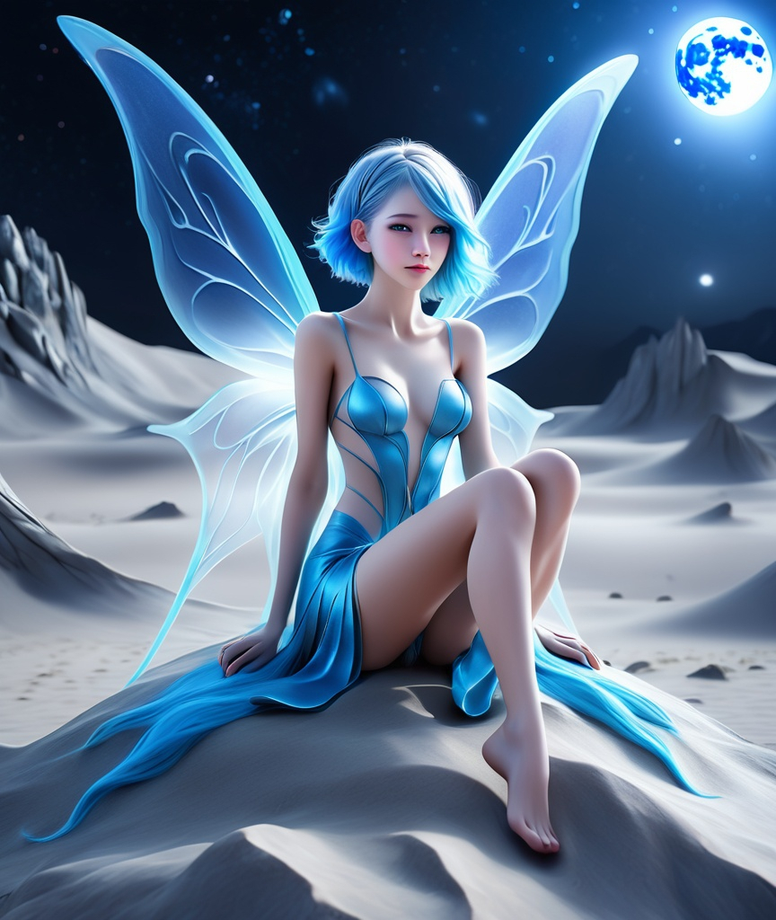 Prompt: photo-realistic beautiful slender hyper-feminine female blue-haired fairy sitting in a desolate moonscape