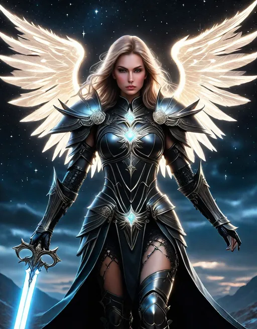 Prompt: angelic godess witchblade, spread dark angel wings, in the asterism sky, medieval armor with geoglyph engraves, in action, with a lumino kinetic glowing sword, style by Daria Endresen, Thomas Ruff, Cristobal Balenciaga, Sarah moon, Monia Merlo, Nelleke Pieters, Elger Esser.h, faerietale couture, dark fantasy, celestialpunk 