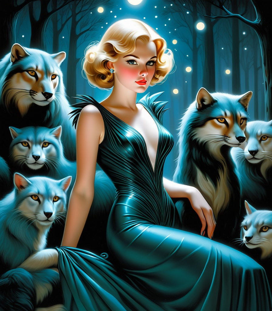 Prompt: She is a night girl with night animals style of Andrew Loomis, Bob Mackie, Frieke Janssens, Aaron Jasinski, Genevieve Godbout, Morris Hirshfield, Robert Gillmor, Amy Giacomelli. Soft pearlercent colors, Extremely detailed, intricate, beautiful, 3d, high definition