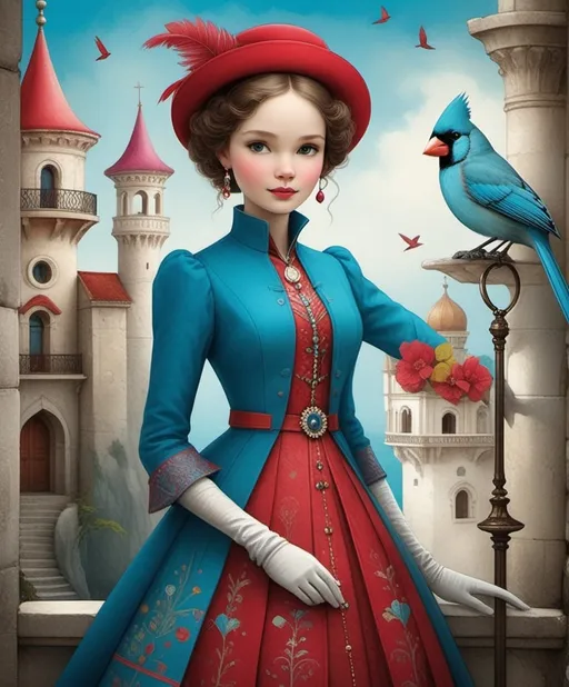 Prompt: Charming cute Curious Carol, charismatic girl of compassionate consciousness Celestine city, cardinal and Capri blue and cerise classy clothes, art style by Barbara Chichester, Luke Chueh, Petah Coyne, Lisa Congdon, catrin welz-stein, Bill Carman