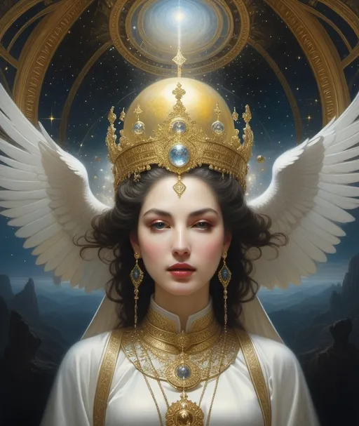 Prompt: The queen of of the world and universe of love, extremely beautiful detailed face, Agostino Arrivabene, tom bagshaw, Refik Anadol, Matthew Barney, Christian Boltanski, floating on a cloud, surrounded by peace and light, glowing thundereyes, toga armor of gold, decked in infinite magic 
