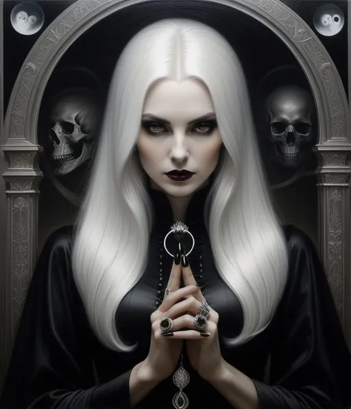 Prompt: A vampire woman. White hair. Metallic Silver shining eyes. Black nails. Dark gothic room. Forensic photography. Rings on her anatomically correct fingers.  Chiaroscuro, Anthotype print. Amy Judd, Agostino Arrivabene, Stanley Donwood, Esao Andrews. Oil painting. opart moire.