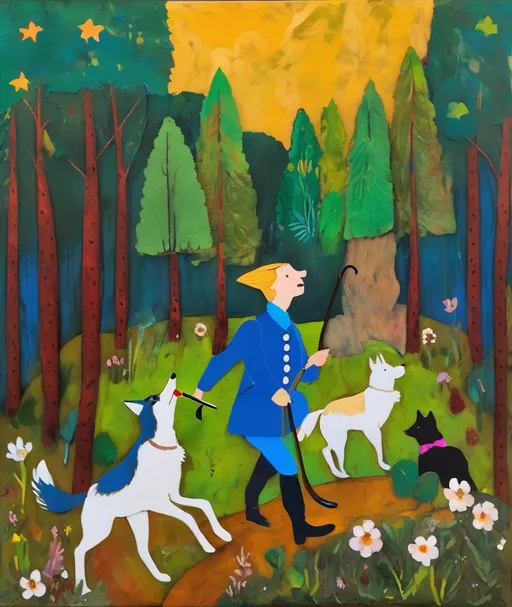 Prompt: "Peter and the Wolf", vaudeville-style, naive art, extremely detailed 