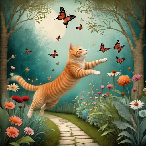 Prompt: A ginger cat jumping trying to catch a butterfly in a whimsical garden art by Catrin welz-stein, Tomie dePaola, Arthur Boyd, Isabelle Arsenault