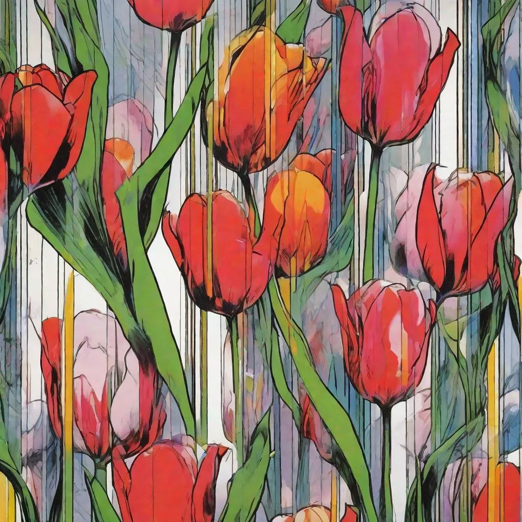Prompt: tulips, anime, in the style of guido crepax, marjane strapi, fuyuko matsui, I can't believe how beautiful this is, distorted abstract background, ink and color