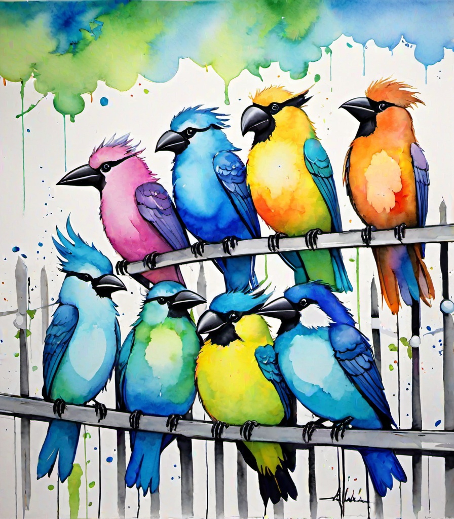 Prompt: graffiti in a street mural of whimsical, playful, various birds, seated along a fence line, bright pastel colors, seemingly having conversations, staring into space, with one blue bird just flying off the fence, alcoholink and watercolor on yupo paper in style 