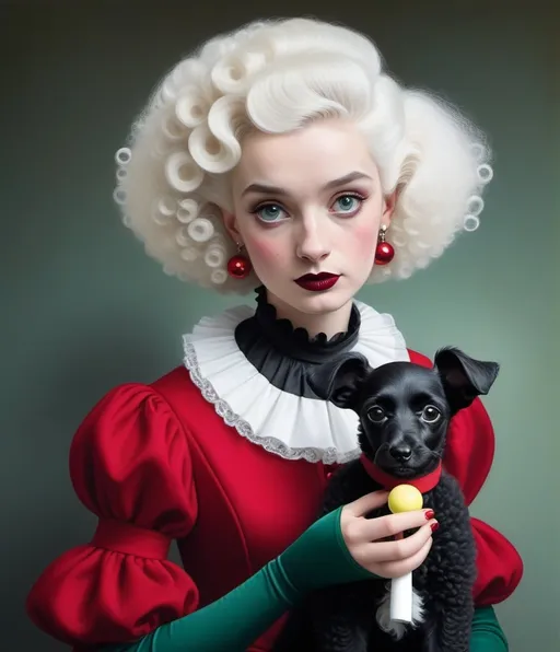 Prompt: Mary Jane Ansell, Julie Arkell, Gemma Correll, carnivalesque captures a harlequin woman with lollipop, she has an extravagant choppy hairstyle with black and white streaks of hair, beautiful eyes, full lips, elegant hands, wearing a puffy off shoulder madder red dress. She is looking with wonder and questioning into the eyes of her royal poodle with thick black and white curly coat poodle dog. The resemblance of a dog to its owner, complicity, exaggerated facial expressions. Black, dark greens, red, saffron yellow and white.