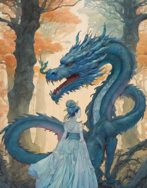 Prompt: the cheshire princess has found her joy: she has a mythical dragon protector. Whimsical Forest background. Android Jones, James Jean, takato yamamoto, Arthur Rackham. watercolor, volumetric lighting, maximalist, concept art, intricately detailed, elegant, expansive, 32k, fantastical, golden ratio principles, haunted, glass sculpture, honeycomb patterns, art by makoto shinkai, conrad roset. 3d, iridescent watercolors ink, polished finish, gradient chrome colors.