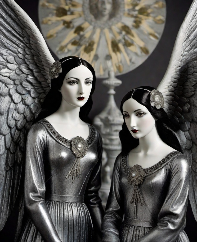 Prompt: bifrost angels in fornasetti style, by laurie simmons 