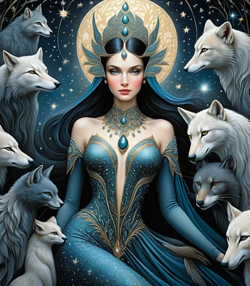 Prompt: She is a night woman surrounded by night animals style of Faiza Maghni, Bob Mackie, Frieke Janssens, Aaron Jasinski, Genevieve Godbout, Morris Hirshfield, Robert Gillmor, Amy Giacomelli. Soft pearlercent colors, Extremely detailed, intricate, beautiful, 3d, high definition