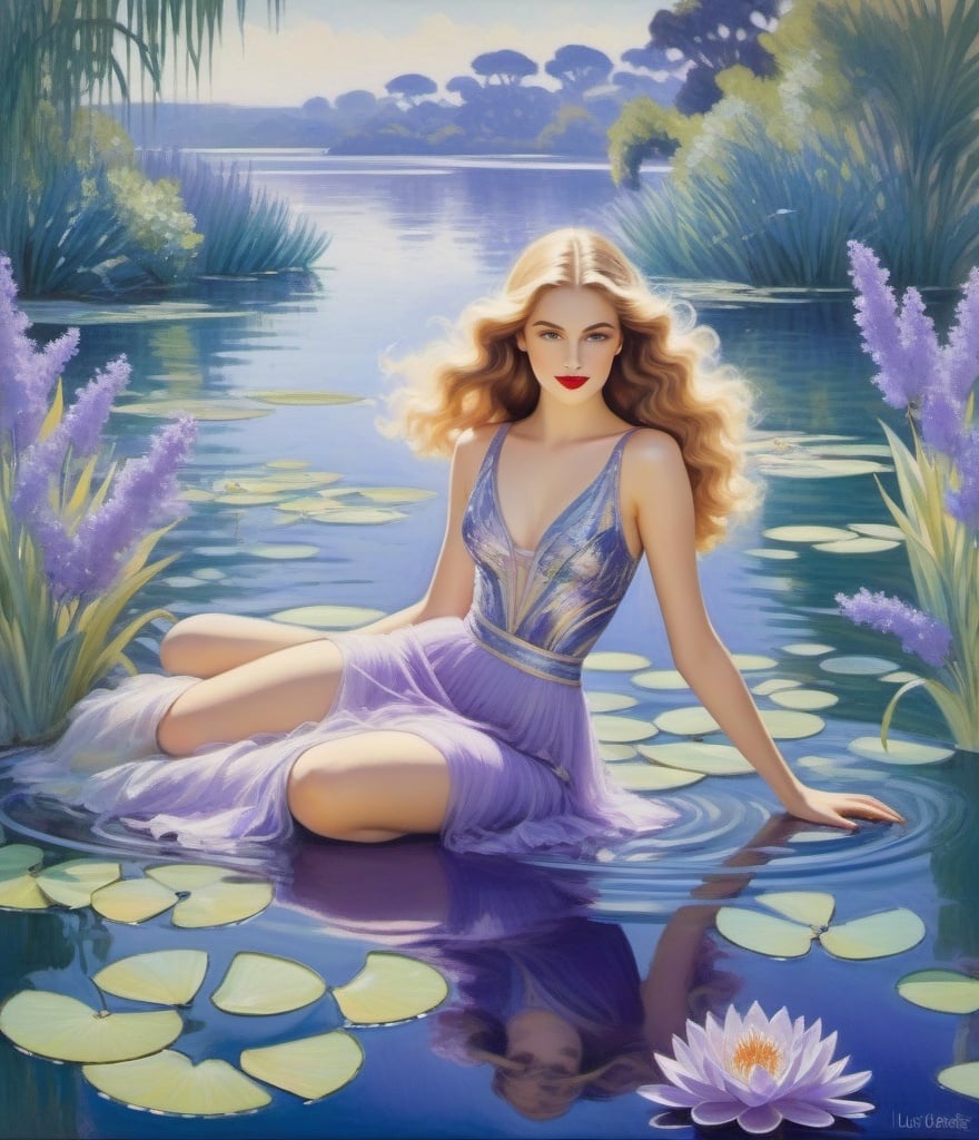 Prompt: Style by Louis Ritman, Loie Hollowell, Cathy Locke, Herve Leger, Lisa Pressman; Luna, a luminous girl with lustrous locks, lounges lazily atop a lagoon, while a leaping lemur, adorned with lavender leaves, leaps lithely beside her, amidst lilting lilies and lavender mist