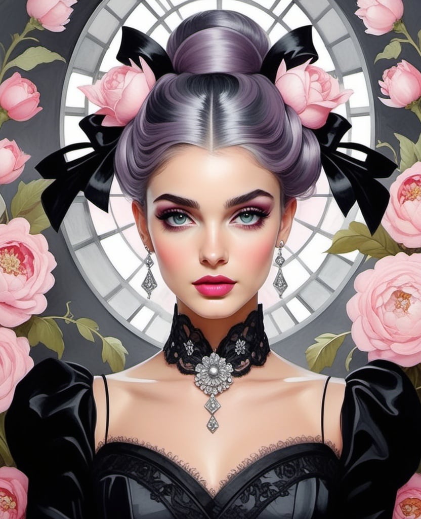 Prompt: Style of Howard Chandler Christy, Faiza Maghni, Henry Justice Ford, Jessica Durrant, doomed and gloomy beautiful girl, pastel pink updo hair, grey colored eyes, in gothic modern black dress, beautiful, detailed floral background.