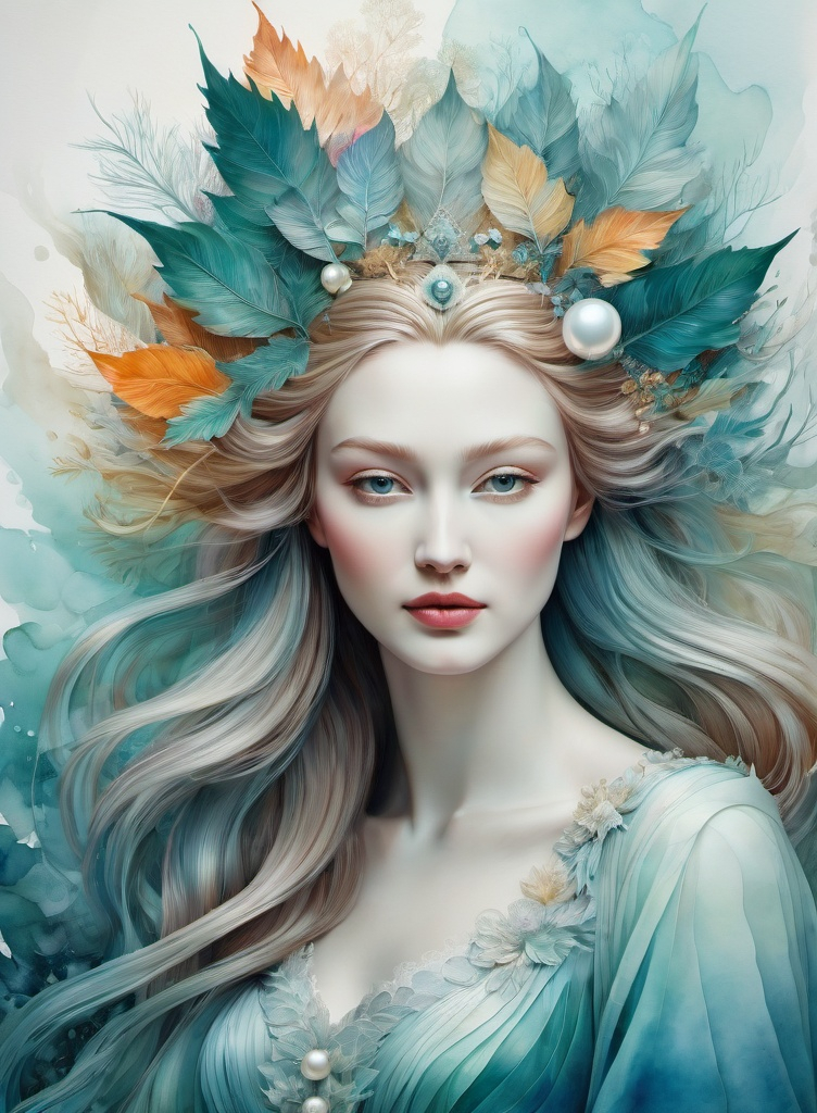 Prompt: multi exposure, goddess of love with pearl masterpiece coniferous, 3/4 portrait, fashion editorial art by Lin Fengmian, Anna dittmann, Justin Gaffrey, John Lowrie Morrison, Patty Maher, John Ruskin, Chris Friel, van Gogh, Valerie Hegarty, endre penovac. 3d, soft colors watercolors and ink, beautiful, fantastic view, extremely detailed, intricate, best quality, highest definition, rich colours 3d, extremely detailed, intricate, beautiful, high definition 