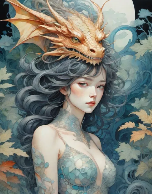 Prompt: the cheshire princess has found her joy: she has a mythical dragon protector. Whimsical Forest background. Android Jones, James Jean, takato yamamoto, Arthur Rackham. watercolor, volumetric lighting, maximalist, concept art, intricately detailed, elegant, expansive, 32k, fantastical, golden ratio principles, haunted, glass sculpture, honeycomb patterns, art by makoto shinkai, conrad roset. 3d, iridescent watercolors ink, polished finish, gradient chrome colors.