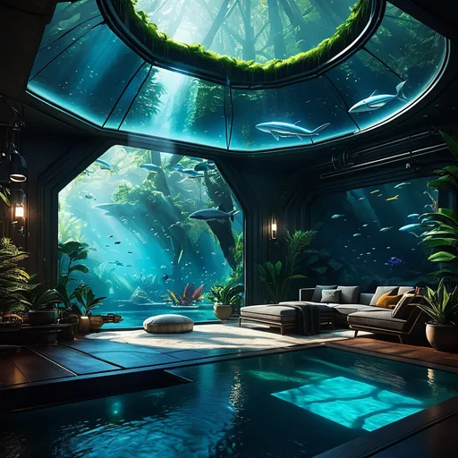 Prompt: the most amazing restort world for galactic travelers, a family in a cozy hardened submersed home that is capable of flight, is on watch in a submersed oasis in a carboniferous forest, photorealism, extremely long shot from a distance, extremely heavy atmospherics and moody lighting, parallax, rim lighting, 3 point lighting, volumetric fx, subsurface scattering, raytracing, specularity and depth, imax quality visuals, ilm, weta digital, multi-sample antialiasing, 32k uhd 