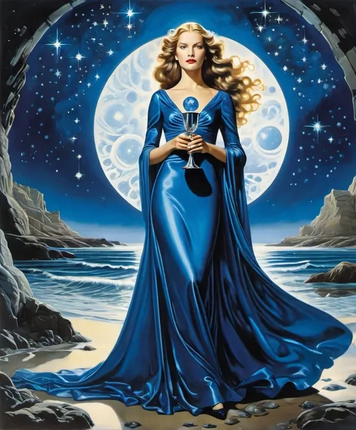 Prompt: style by Mark Shaw, Sulamith Wulfing, Joost Swarte, David Salle; Summon Serena, a sapphire-eyed siren, standing serenely beneath a star-strewn sky, surrounded by shimmering sapphire streams, sporting a satin gown, and sipping from a silver chalice