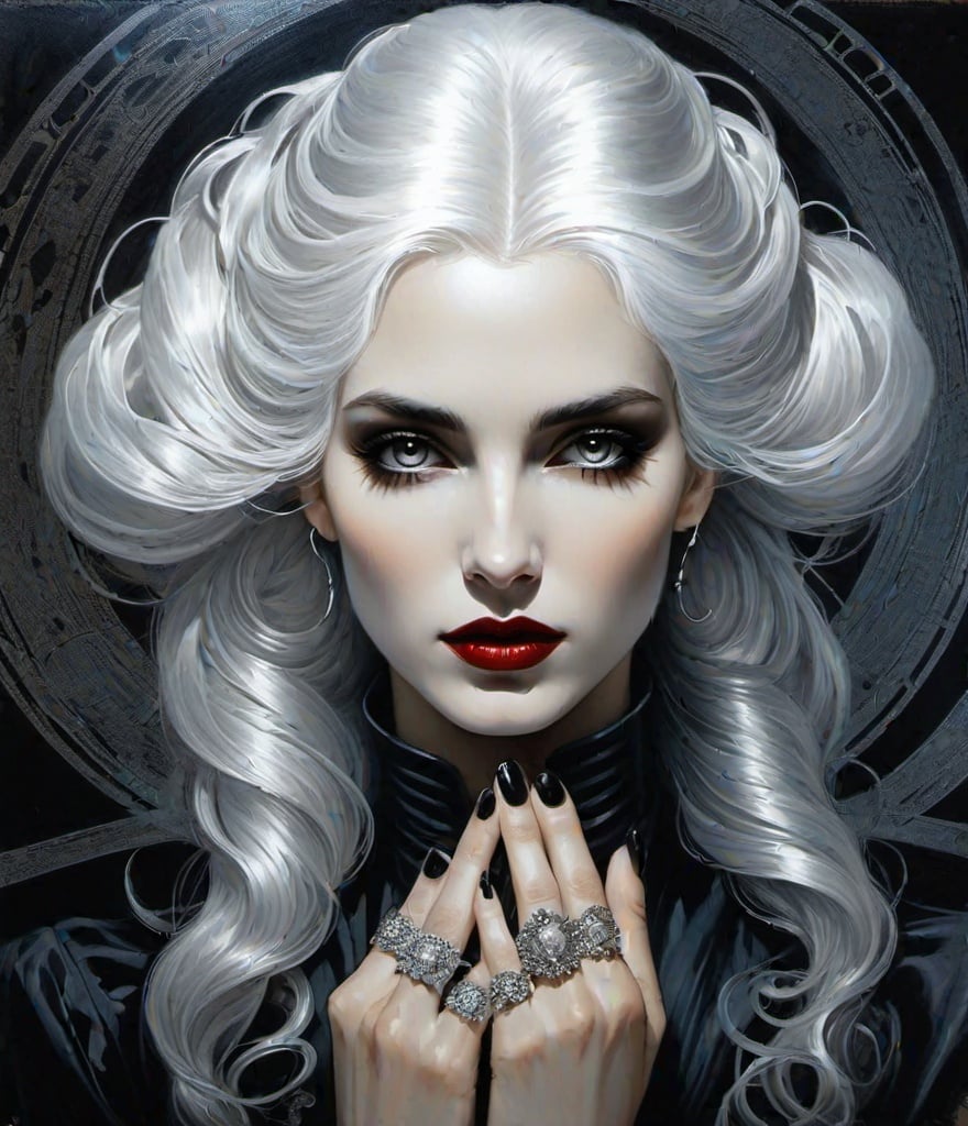 Prompt: A vampire woman. White hair. Metallic Silver shining eyes. Black nails. Dark cloudy background. Blame. Rings on her fingers. Chiaroscuro, Anthotype print. Agostino Arrivabene, Philippe Druillet, Esao Andrews. Oil painting. opart moire.