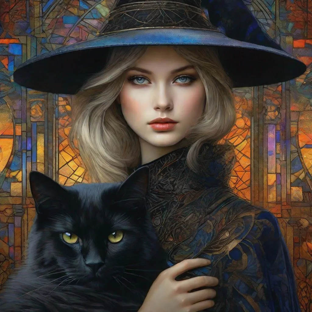 Prompt: A beautiful girl witch and her fluffy Black alien cat art style by Leiji Matsumoto, Marianne Stokes, endre penovac, catrin welz Stein, Mondrian, James jean. High quality, highly detailed, intricate details.dynamic lighting award winning fantastic view ultra detailed high definition hdr focused glow shimmer